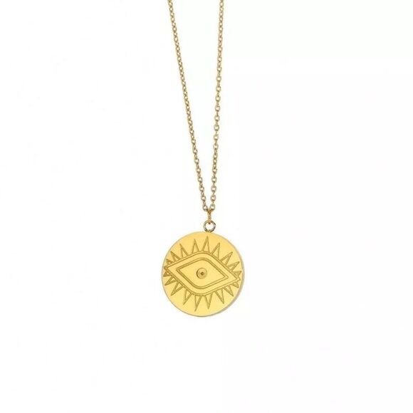 NWOT Gold Evil Eye Gold Plated , Round Pendant Adjustable Necklace